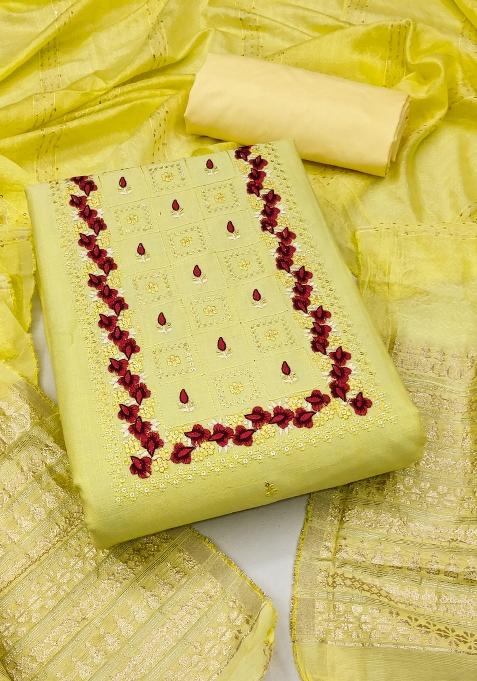 Yellow Embroidered Cotton Blend Dress Material