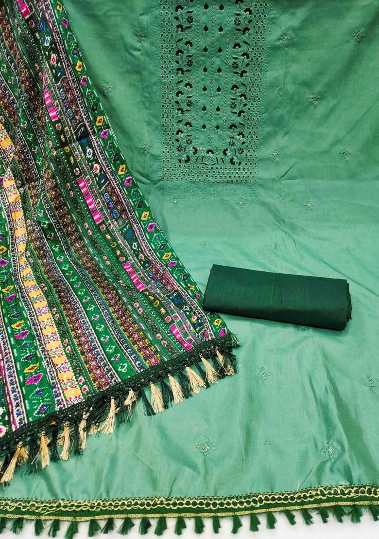 Green Mirror Work Silk Blend Pakistani Suit Set - Indya