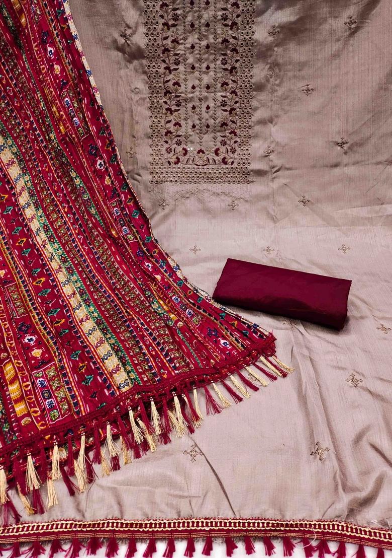 Grey Embroidered Silk Dress Material - Indya