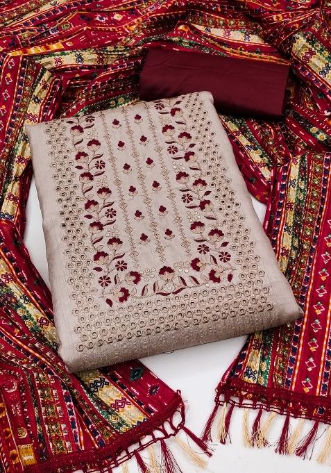 Grey Embroidered Silk Dress Material