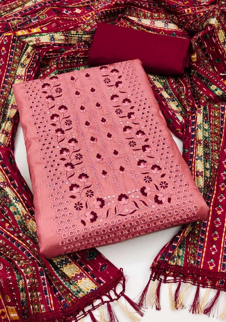 Rust Embroidered Silk Blend Straight Kurta Set - Indya
