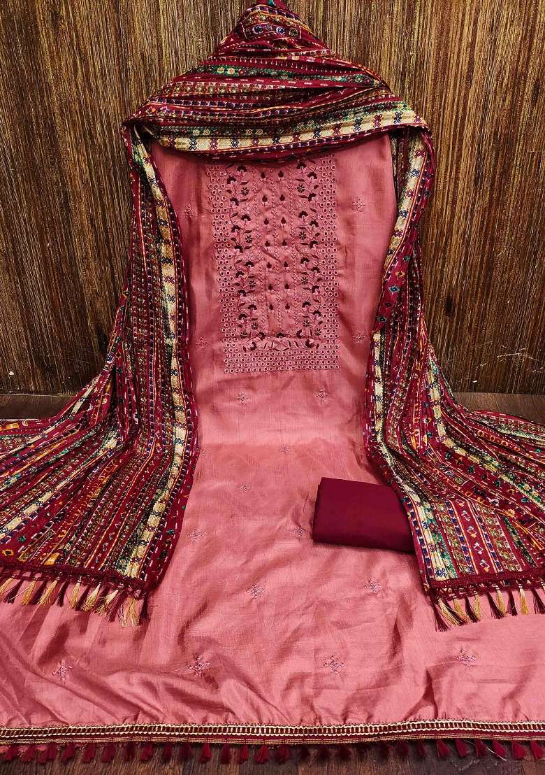 Rust Embroidered Silk Blend Straight Kurta Set - Indya