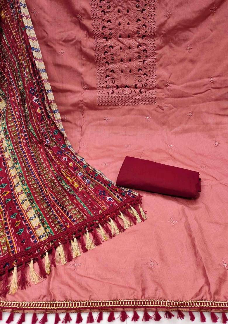 Rust Embroidered Silk Blend Straight Kurta Set - Indya