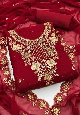 Maroon Embroidered Georgette Dress Material