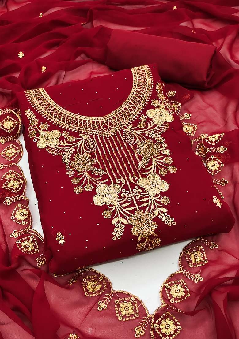 Maroon Embroidered Georgette Straight Kurta Set - Indya