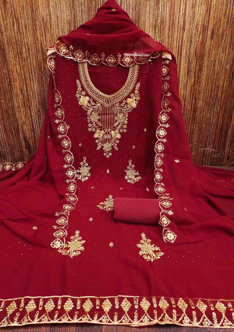 Maroon Embroidered Georgette Straight Kurta Set - Indya