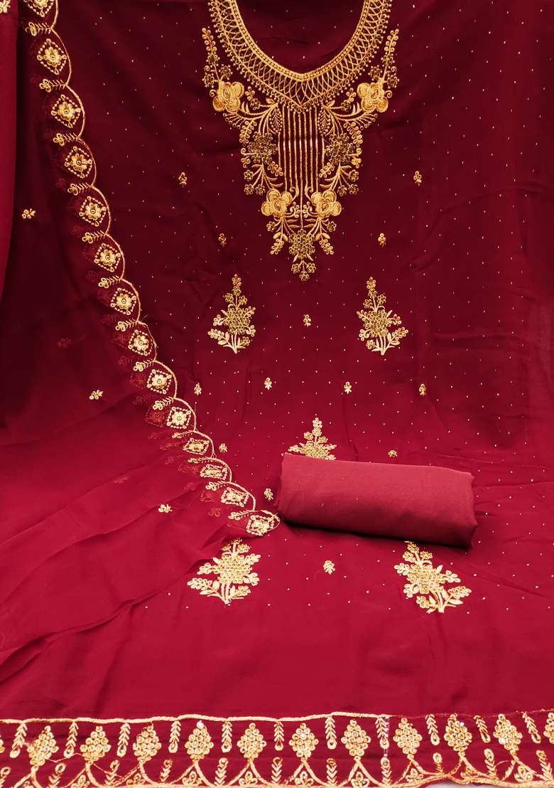 Maroon Embroidered Georgette Straight Kurta Set - Indya