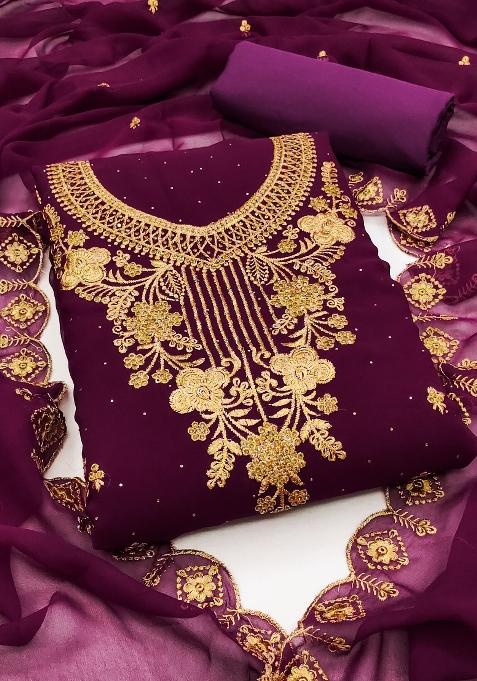 Purple Embroidered Georgette Straight Kurta Set