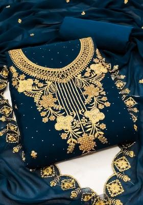 Teal Blue Embroidered Georgette Dress Material