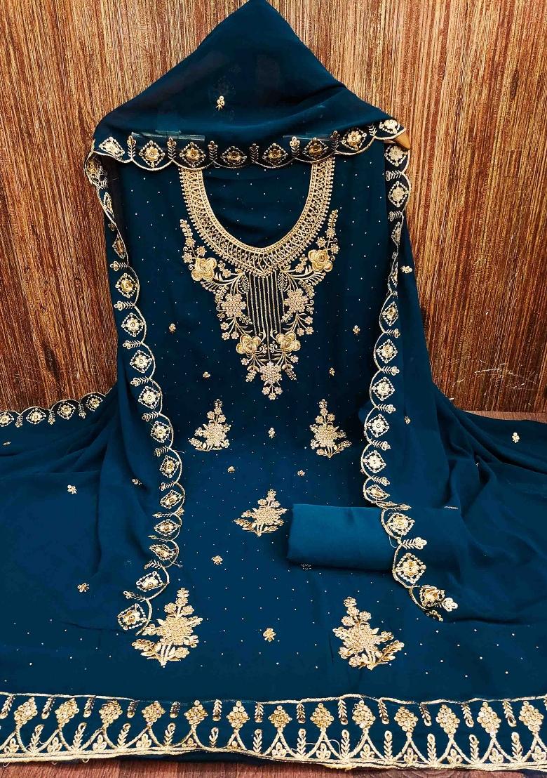 Teal Blue Embroidered Georgette Dress Material