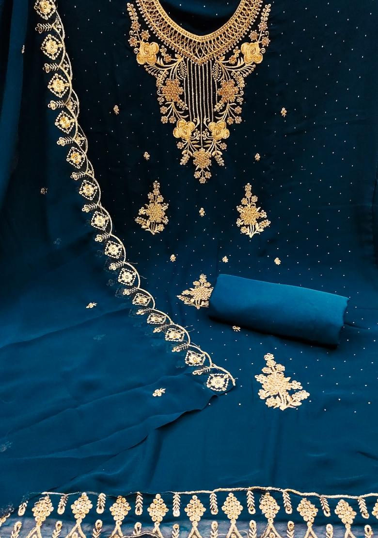 Teal Blue Embroidered Georgette Dress Material