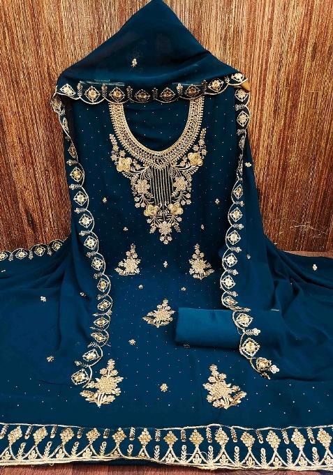 Teal Blue Embroidered Georgette Dress Material