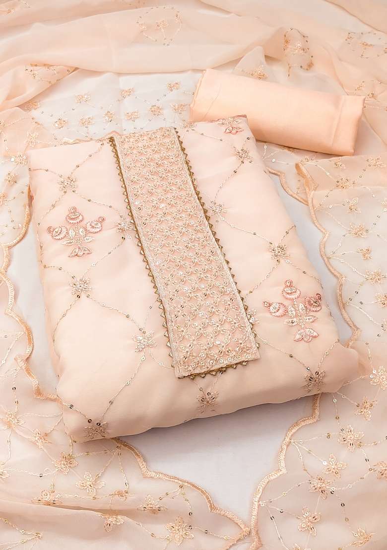 Beige Embroidered Georgette Pakistani Suit Set - Indya