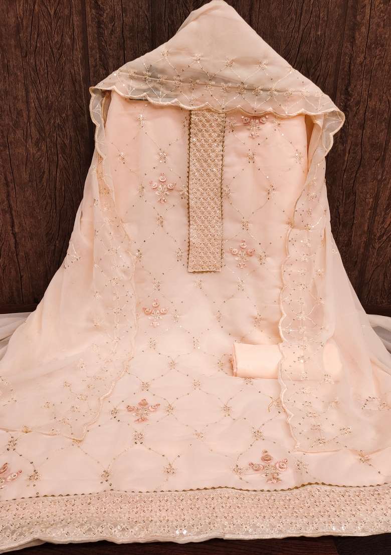 Beige Embroidered Georgette Pakistani Suit Set - Indya