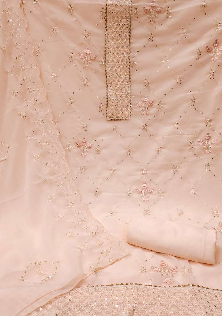 Beige Embroidered Georgette Pakistani Suit Set - Indya