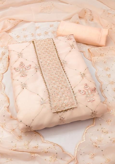 Beige Embroidered Georgette Dress Material