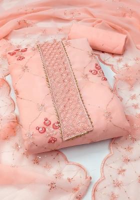 Peach Embroidered Georgette Dress Material