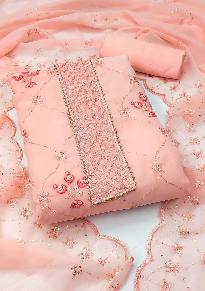 Peach Embroidered Georgette Dress Material - Indya