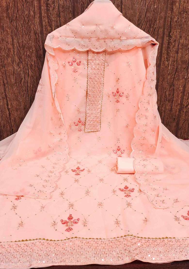 Peach Embroidered Georgette Dress Material - Indya