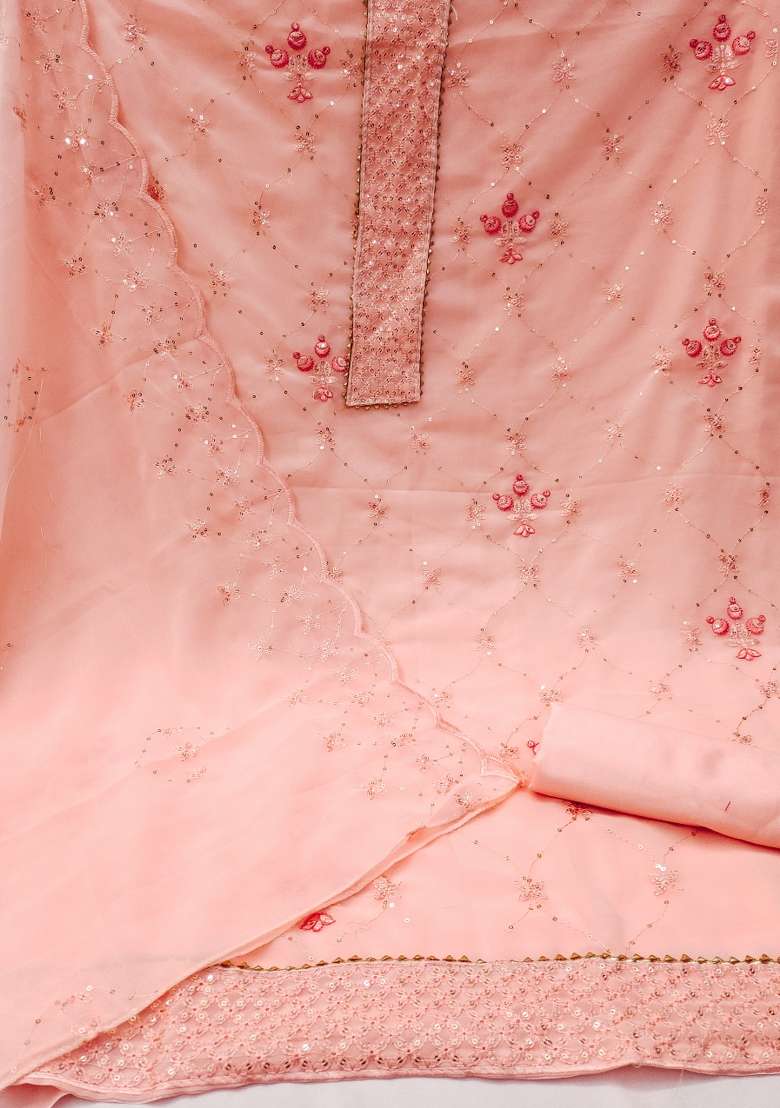Peach Embroidered Georgette Dress Material - Indya