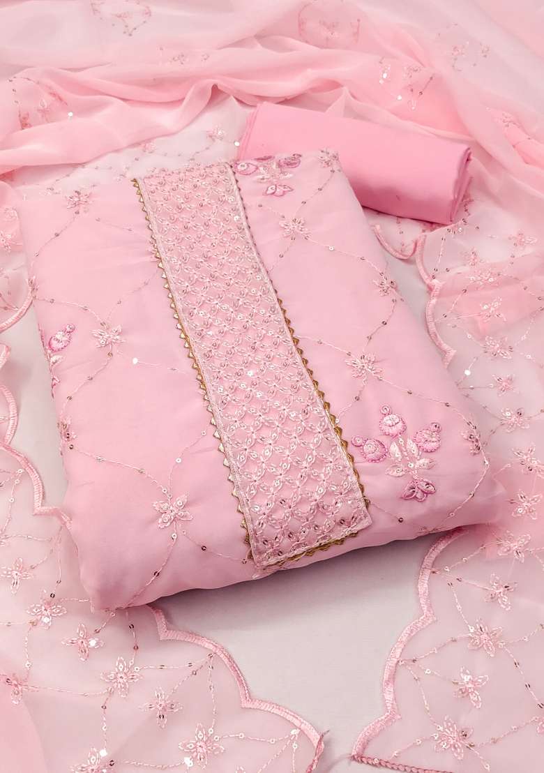 Pink Embroidered Georgette Dress Material - Indya
