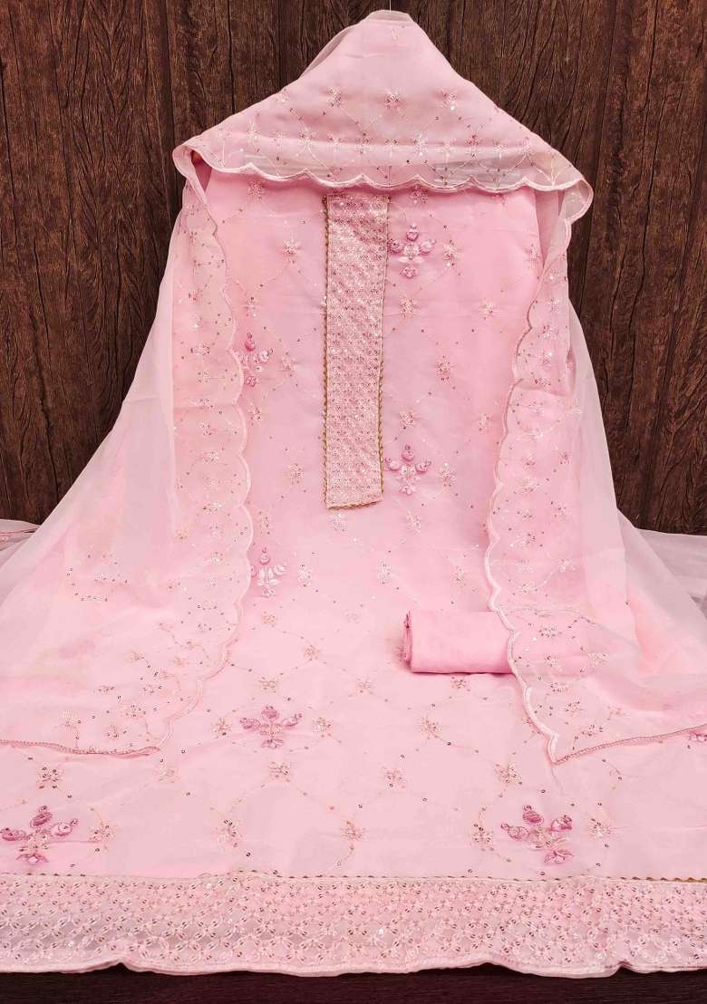 Pink Embroidered Georgette Dress Material - Indya