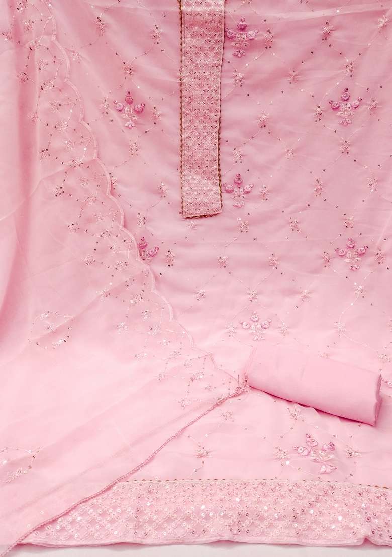 Pink Embroidered Georgette Dress Material - Indya