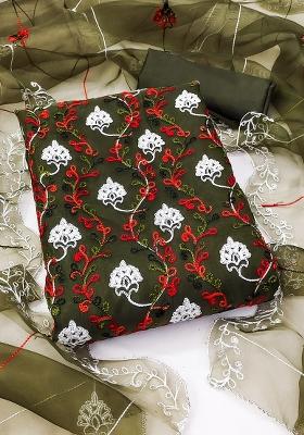 Green Embroidered Oragnza Dress Material