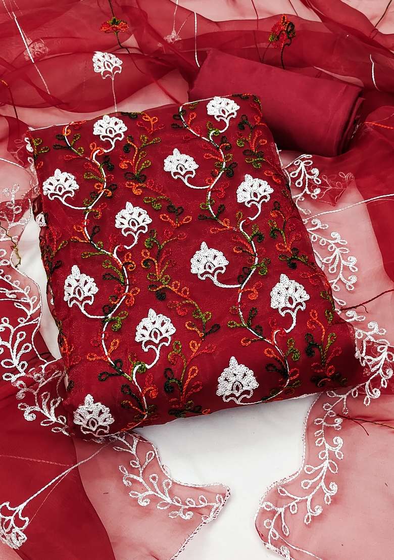 Maroon Embroidered Oragnza Dress Material - Indya