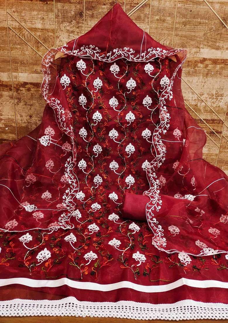 Maroon Embroidered Oragnza Dress Material - Indya