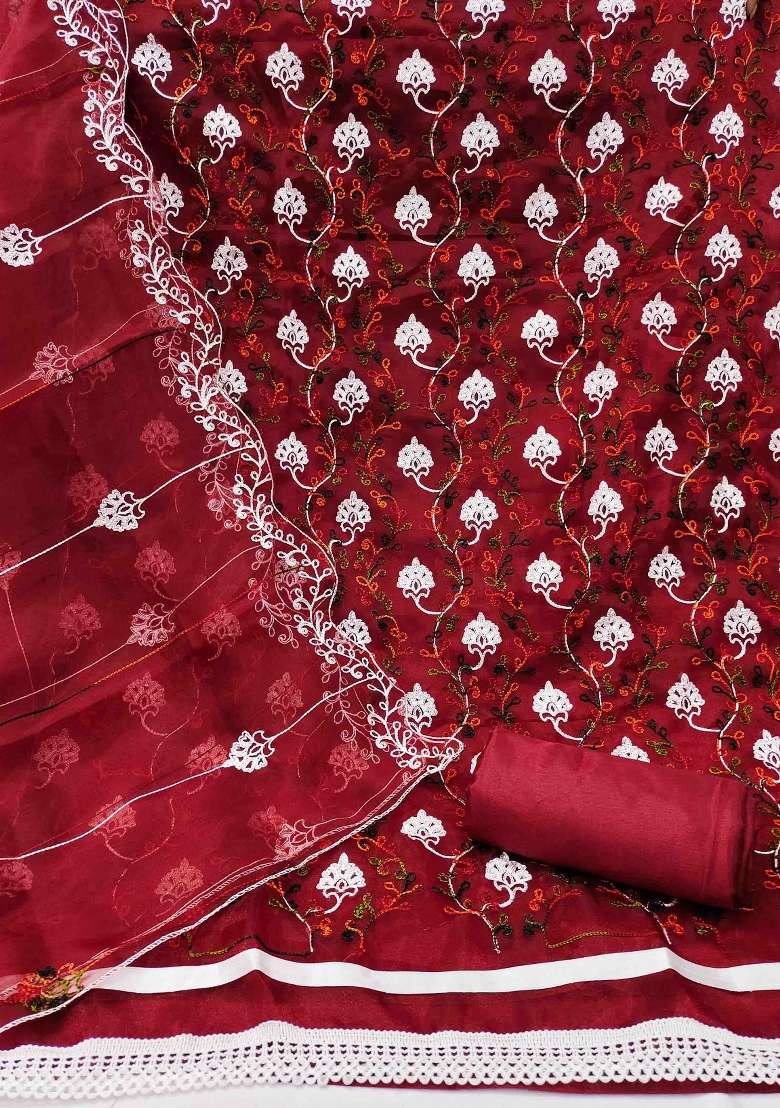 Maroon Embroidered Oragnza Dress Material - Indya