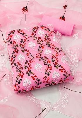 Pink Embroidered Oragnza Dress Material