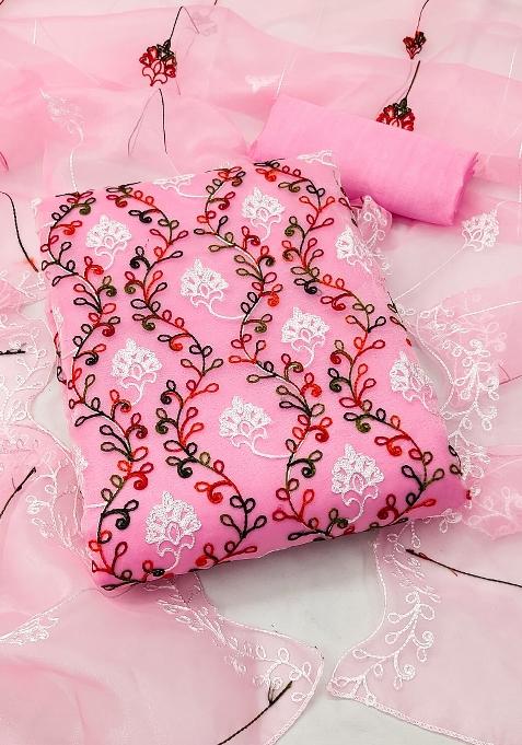 Pink Embroidered Oragnza Dress Material