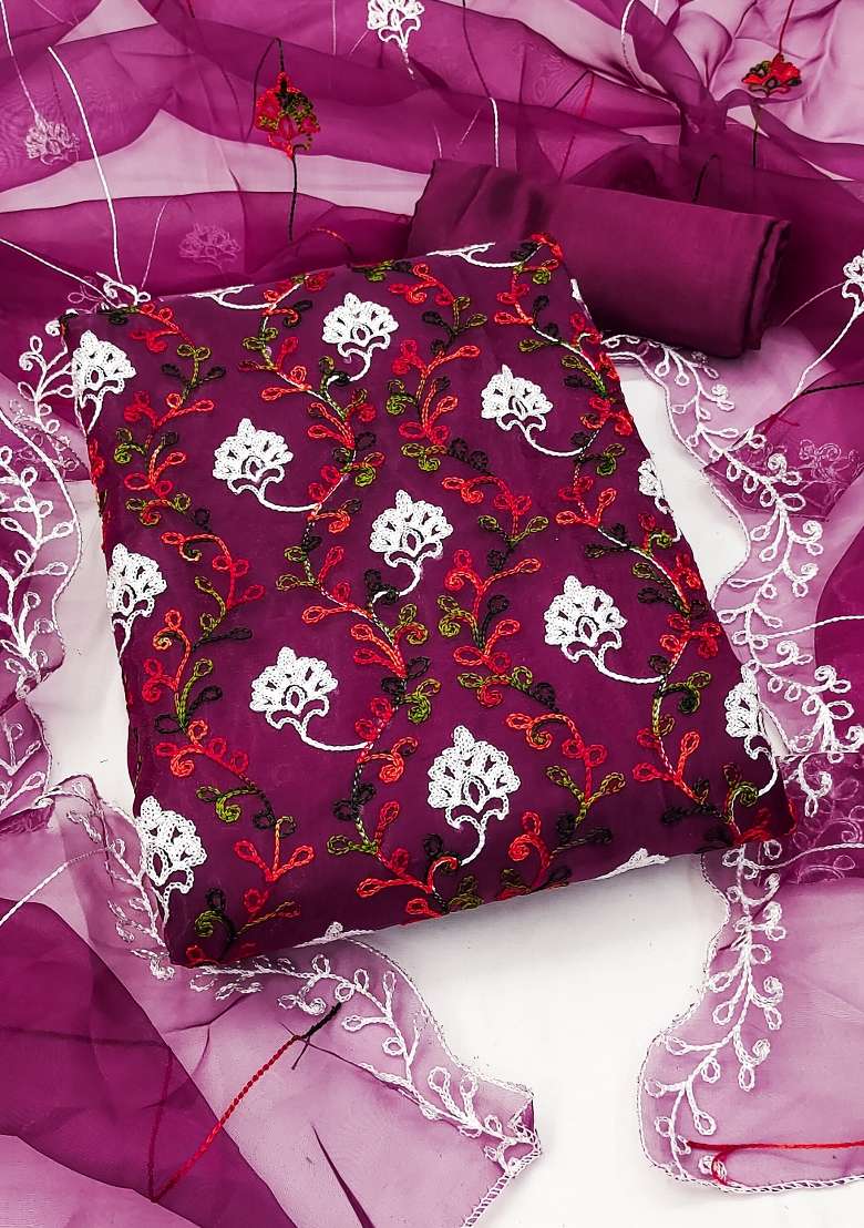 Purple Embroidered Oragnza Dress Material - Indya