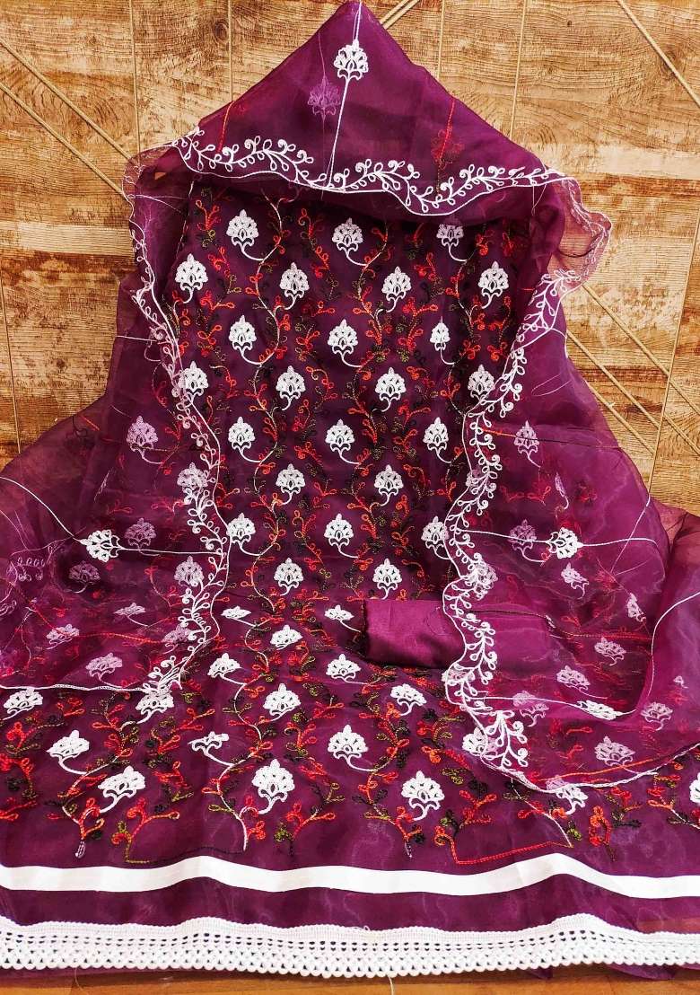 Purple Embroidered Oragnza Dress Material - Indya