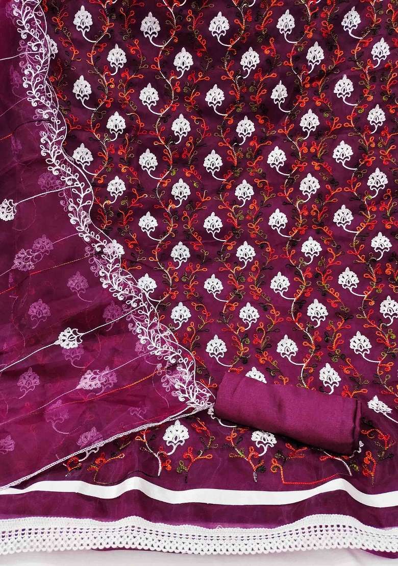 Purple Embroidered Oragnza Dress Material - Indya