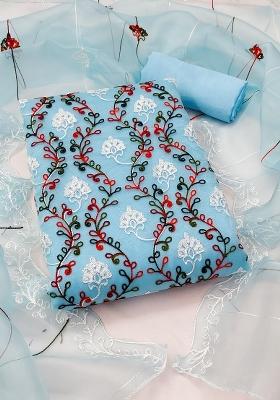 Sky Blue Embroidered Oragnza Dress Material