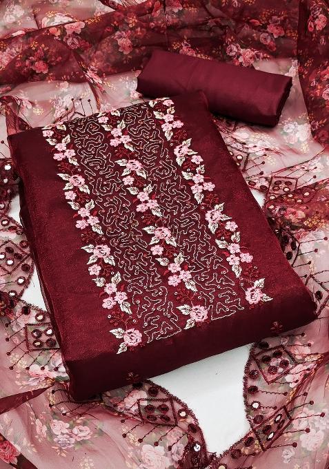 Maroon Embroidered Oragnza Dress Material