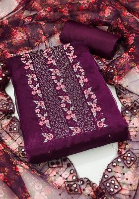Purple Embroidered Oragnza Dress Material