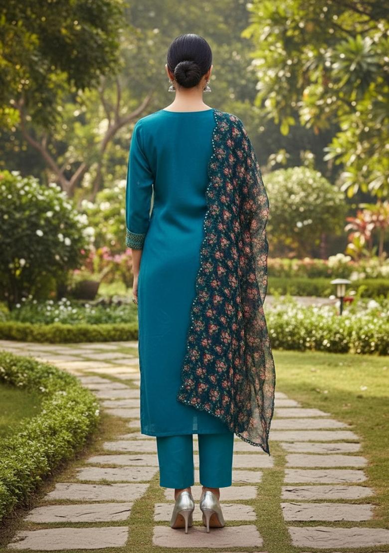 Teal Blue Embroidered Oragnza Dress Material - Indya
