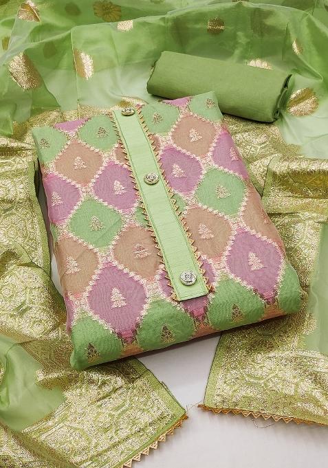 Green Embroidered Oragnza Dress Material