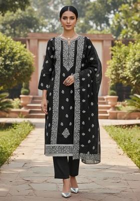 Black Embroidered Cotton Blend Dress Material