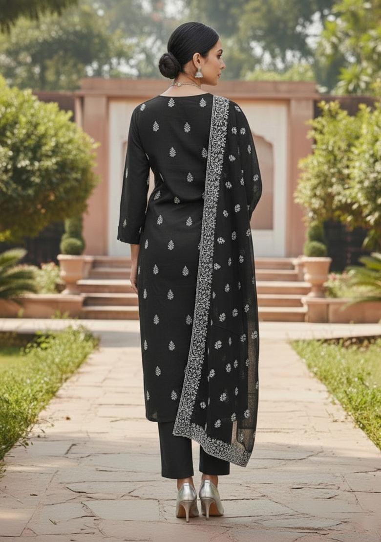 Black Embroidered Cotton Blend Dress Material - Indya