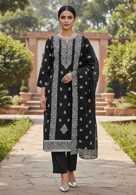Black Embroidered Cotton Blend Dress Material