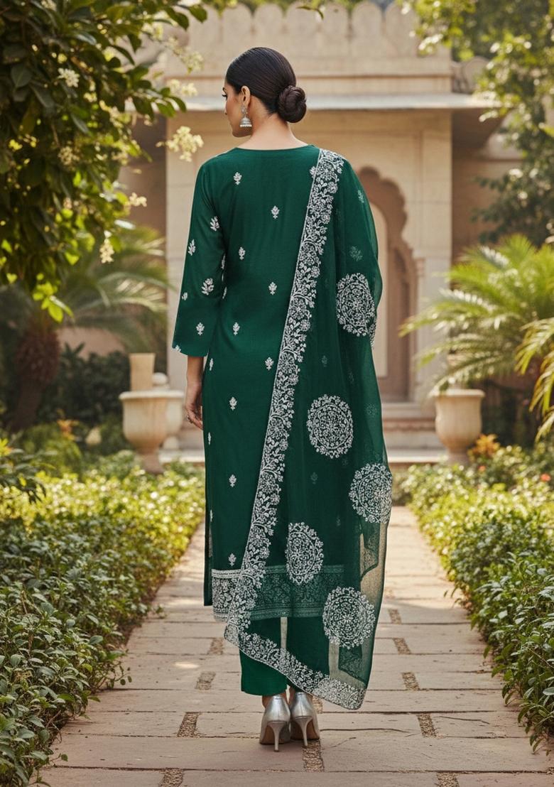 Green Embroidered Cotton Blend Dress Material - Indya