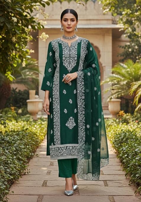 Green Embroidered Cotton Blend Dress Material