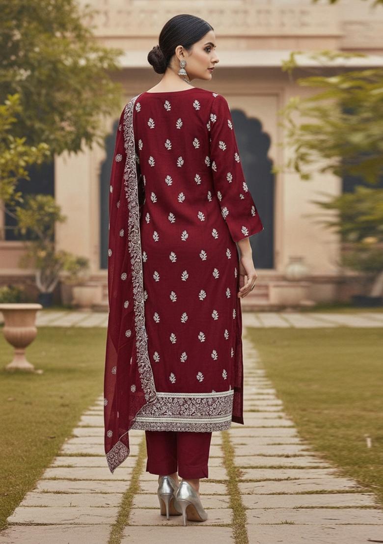 Maroon Embroidered Cotton Blend Dress Material - Indya