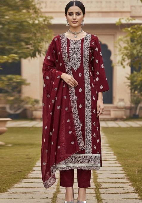 Maroon Embroidered Cotton Blend Dress Material