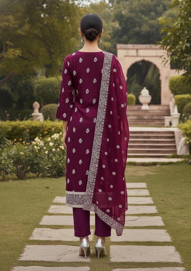 Purple Embroidered Cotton Blend Dress Material - Indya