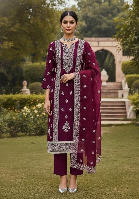 Purple Embroidered Cotton Blend Dress Material